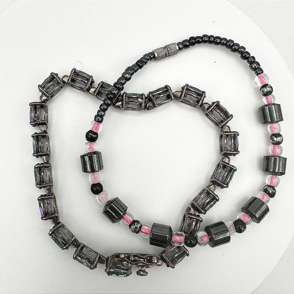 Vintage 90's Black & Pink Hematite Magnetic‎ Necklace & Wrap Bracelet Set Retro